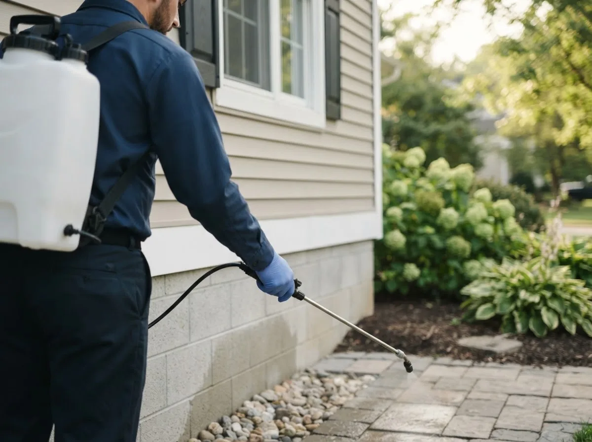 Pest control technician inspecting a home in Kemp, TX